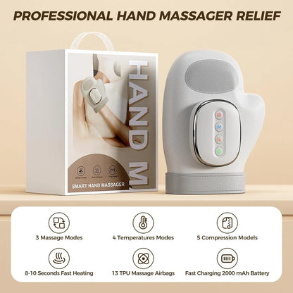 Electric Hand Massager Ｗith Airbag Compression Warm Heating Cordless Glove Massager Application for Palm Finger Relaxation Gift